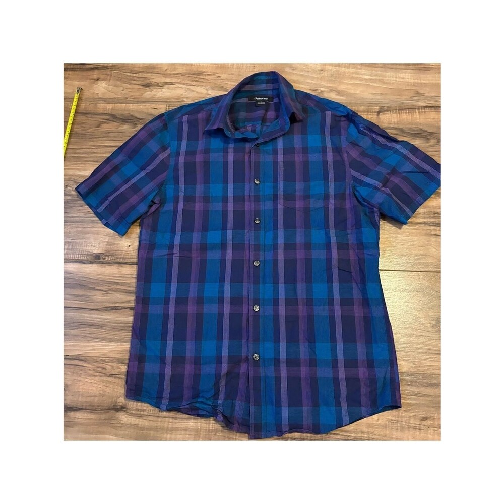 Claiborne Men's Blue and Purple Checkered Shirt